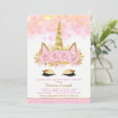 Eenhoorn Baby Douche Uitnodigingen Roze Gouden Een (Staand voorkant)