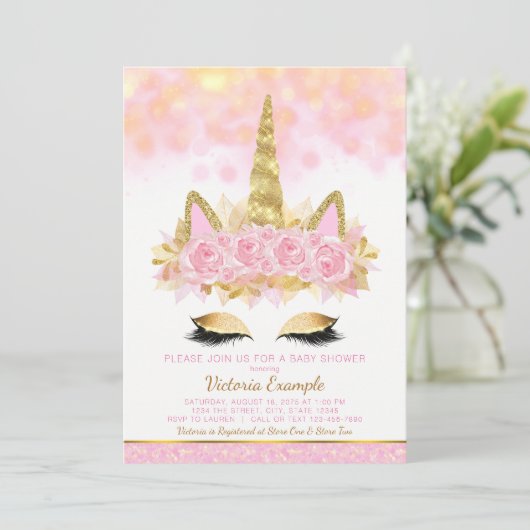 Eenhoorn Baby Douche Uitnodigingen Roze Gouden Een (Staand voorkant)