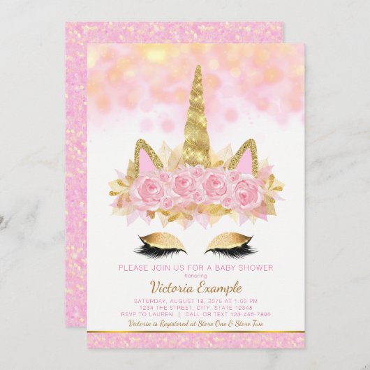 Eenhoorn Baby Douche Uitnodigingen Roze Gouden Een (Voorkant / Achterkant)