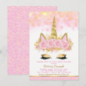 Eenhoorn Baby Douche Uitnodigingen Roze Gouden Een (Voorkant / Achterkant)