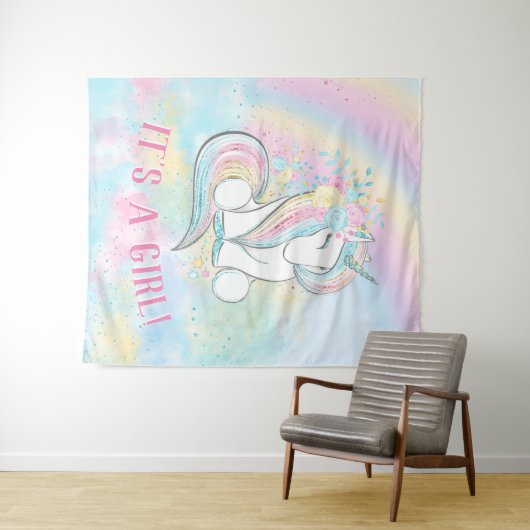 Eenhoorn Baby Meisje Shower Achtergrond Banner Wandkleed (In Situ (horizontaal))