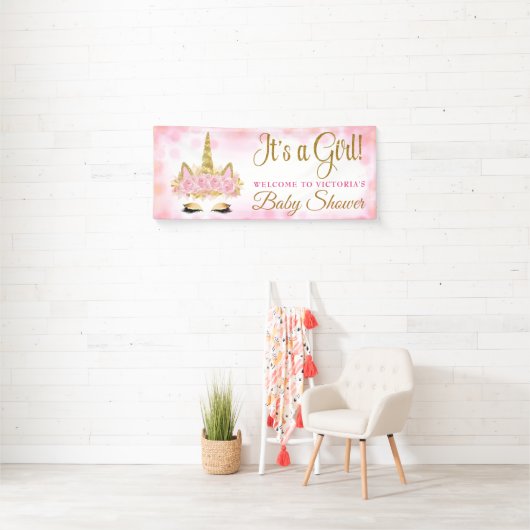 Eenhoorn Baby shower Banner Roze en Gouden Bokeh (Insitu)