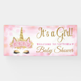 Eenhoorn Baby shower Banner Roze en Gouden Bokeh