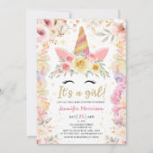 Eenhoorn Baby shower Goud Blush Roze Meisje Bloeme Kaart (Voorkant)