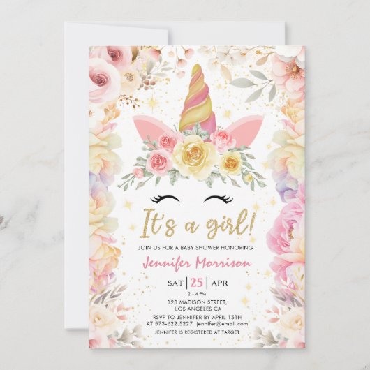 Eenhoorn Baby shower Goud Blush Roze Meisje Bloeme Kaart (Voorkant)
