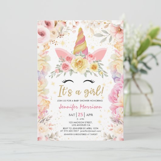 Eenhoorn Baby shower Goud Blush Roze Meisje Bloeme Kaart (Staand voorkant)