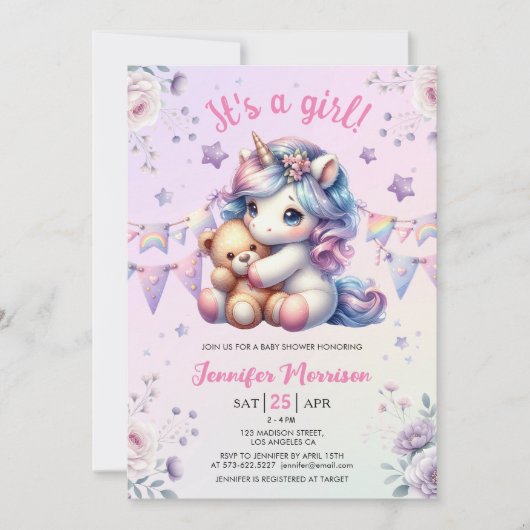 Eenhoorn Baby shower Het is een Meisje Bloemen Wat Kaart (Voorkant)