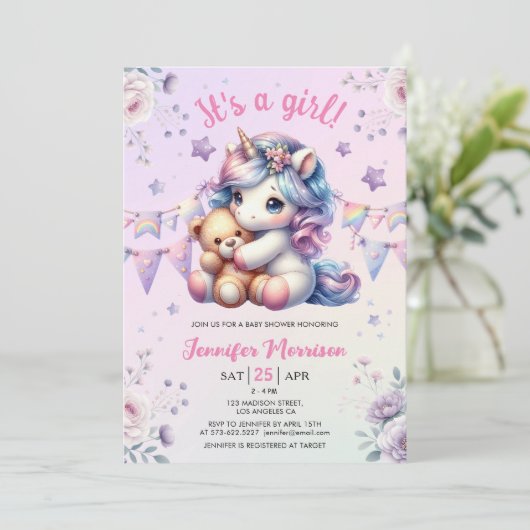 Eenhoorn Baby shower Het is een Meisje Bloemen Wat Kaart (Staand voorkant)