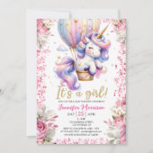 Eenhoorn Baby shower Meisje Roze Bloemenballon Kaart (Voorkant)