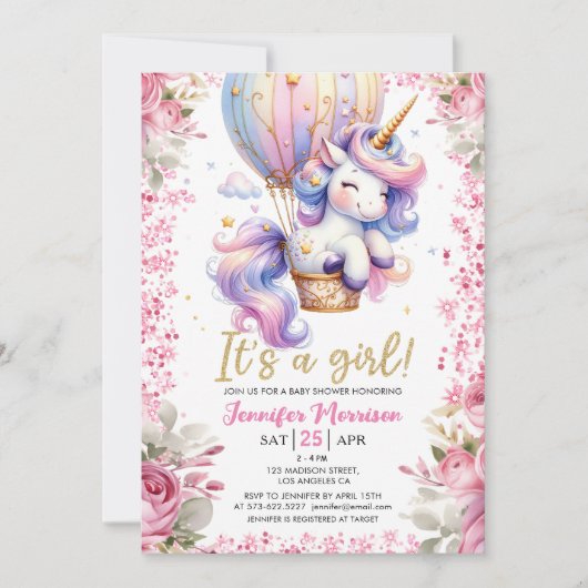 Eenhoorn Baby shower Meisje Roze Bloemenballon Kaart (Voorkant)