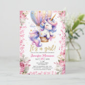 Eenhoorn Baby shower Meisje Roze Bloemenballon Kaart (Staand voorkant)