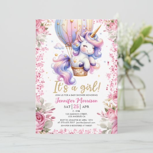 Eenhoorn Baby shower Meisje Roze Bloemenballon Kaart (Staand voorkant)
