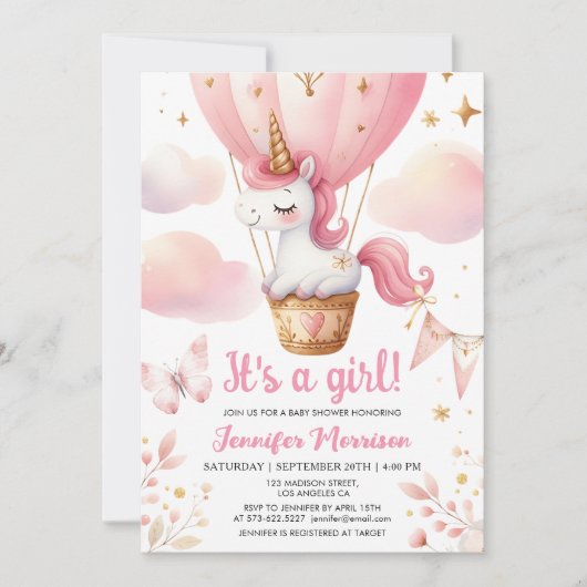 Eenhoorn Baby shower Meisje Roze Hete Luchtballon Kaart (Voorkant)