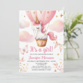 Eenhoorn Baby shower Meisje Roze Hete Luchtballon Kaart (Staand voorkant)