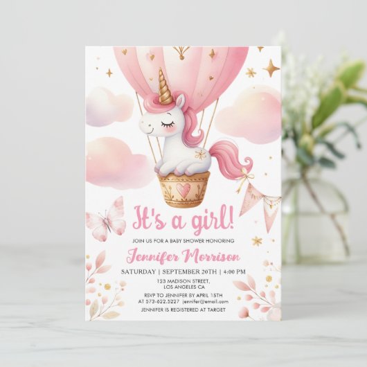 Eenhoorn Baby shower Meisje Roze Hete Luchtballon Kaart (Staand voorkant)
