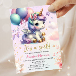 Eenhoorn Baby shower Meisje Roze Paarse Ballonnen Kaart