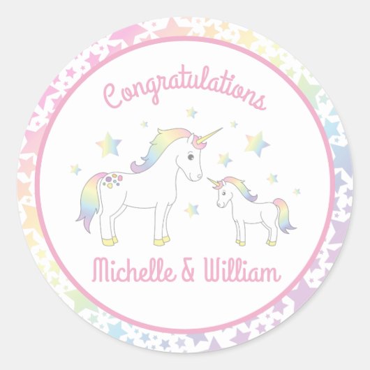 Eenhoorn Baby shower Rainbow Pastel Ronde Sticker (Voorkant)
