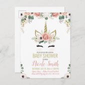 Eenhoorn Baby shower Roze Goud Bloemen Waterverf Uitnodiging Briefkaart (Voorkant / Achterkant)
