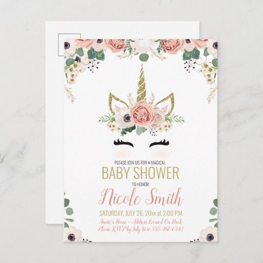Eenhoorn Baby shower Roze Goud Bloemen Waterverf Uitnodiging Briefkaart (Voorkant / Achterkant)