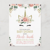 Eenhoorn Baby shower Roze Goud Bloemen Waterverf Uitnodiging Briefkaart (Voorkant)