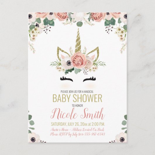 Eenhoorn Baby shower Roze Goud Bloemen Waterverf Uitnodiging Briefkaart (Voorkant)