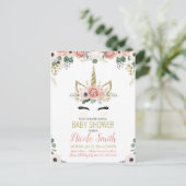 Eenhoorn Baby shower Roze Goud Bloemen Waterverf Uitnodiging Briefkaart (Staand voorkant)