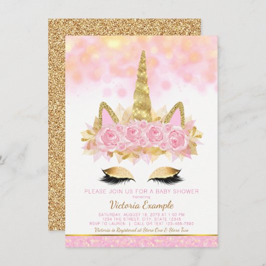 Eenhoorn Baby shower Roze Goud Eenhoorn Gezicht Kaart (Voorkant / Achterkant)