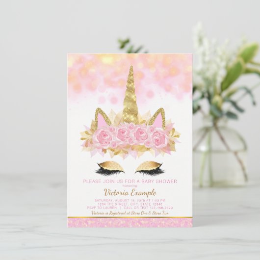 Eenhoorn Baby shower Roze Goud Eenhoorn Gezicht Kaart (Staand voorkant)