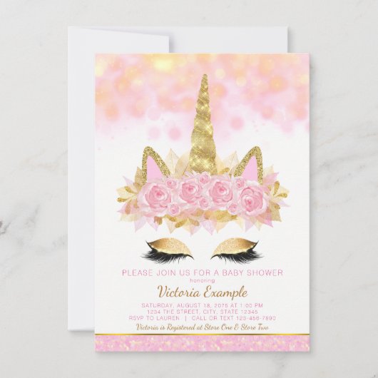 Eenhoorn Baby shower Roze Goud Eenhoorn Gezicht Kaart (Voorkant)