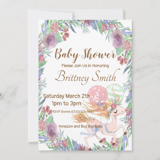 Eenhoorn Baby shower Uitnodiging, Eenhoorn Bloemen Feestdagenkaart (Voorkant)