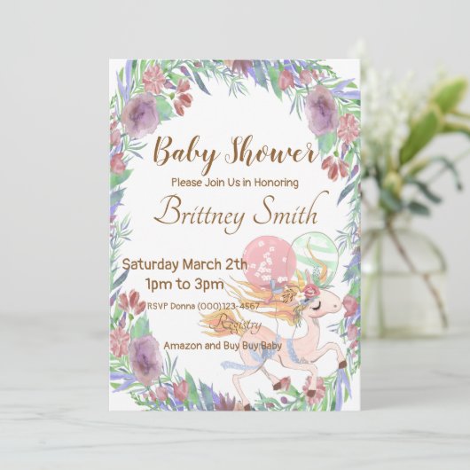 Eenhoorn Baby shower Uitnodiging, Eenhoorn Bloemen Feestdagenkaart (Staand voorkant)
