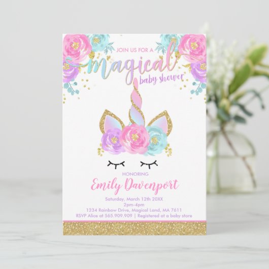 Eenhoorn Baby shower Uitnodiging Magisch Baby show (Staand voorkant)