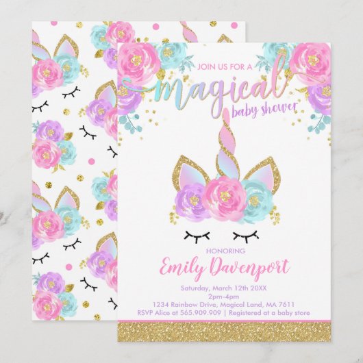 Eenhoorn Baby shower Uitnodiging Magisch Baby show (Voorkant / Achterkant)