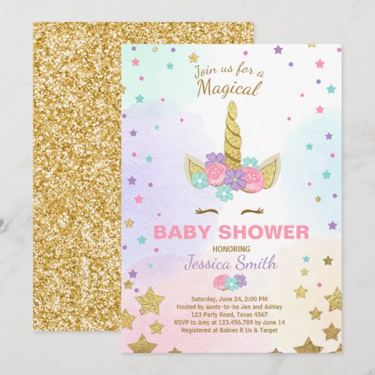 Eenhoorn Baby shower Uitnodiging Roze Goud Magisch (Voorkant / Achterkant)