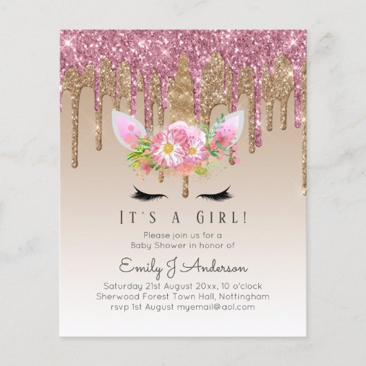 Eenhoorn Baby Shower Uitnodiging Roze Meisjes Cute (Voorkant)