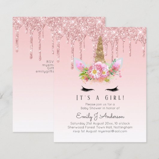 Eenhoorn Baby shower Uitnodiging Roze Meisjes Scha (Voorkant / Achterkant)