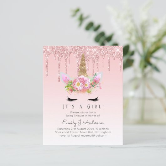 Eenhoorn Baby shower Uitnodiging Roze Meisjes Scha (Staand voorkant)