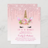 Eenhoorn Baby shower Uitnodiging Roze Meisjes Scha (Voorkant / Achterkant)