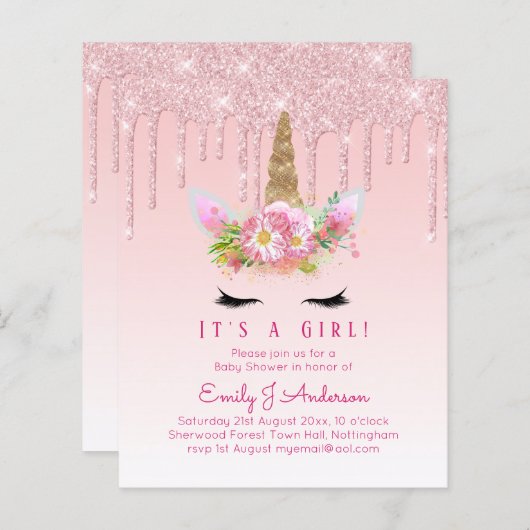 Eenhoorn Baby shower Uitnodiging Roze Meisjes Scha (Voorkant / Achterkant)