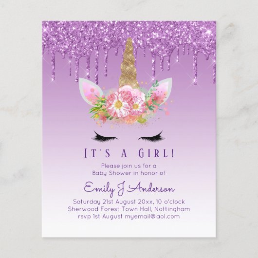 Eenhoorn Baby shower Uitnodiging Roze Meisjes Scha (Voorkant)