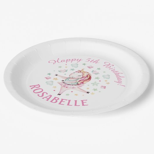 Eenhoorn Ballerina PInk Verjaardagsfeest Papieren Bordje (Gekanteld)