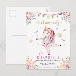 Eenhoorn Ballerina Roze Bloemen Verjaardagsuitnodi Briefkaart