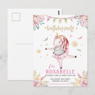 Eenhoorn Ballerina Roze Bloemige Verjaardagsuitnod Briefkaart
