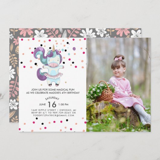 Eenhoorn Ballerina Verjaardagsfeestje Uitnodiging (Voorkant / Achterkant)