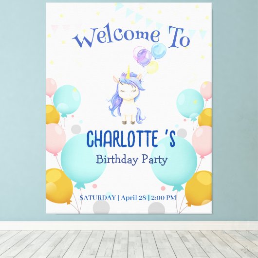 Eenhoorn ballon regenboog gradiënt verjaardagsfees canvas afdruk (Insitu (Houten vloer))