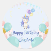 Eenhoorn ballon regenboog gradiënt verjaardagsfees ronde sticker (Voorkant)