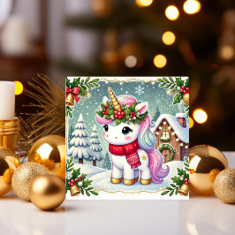 Eenhoorn bij een Festieve Winter Cottage Feestdagenkaart
