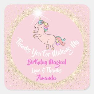 Eenhoorn Birthay Party Roze Bedankt Gouden Vonk Vierkante Sticker