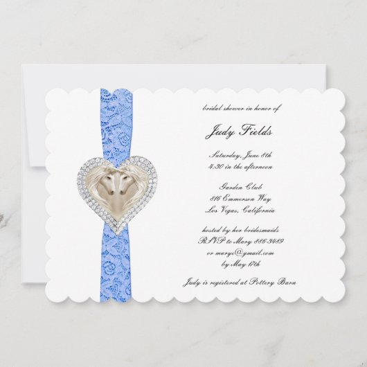 Eenhoorn Blauw Kant Bruids Douche Uitnodiging (Voorkant)