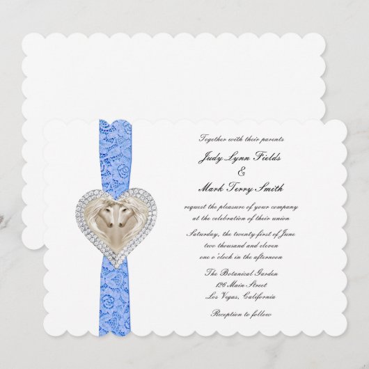 Eenhoorn Blauw Kant Bruiloft Uitnodiging (Voorkant / Achterkant)